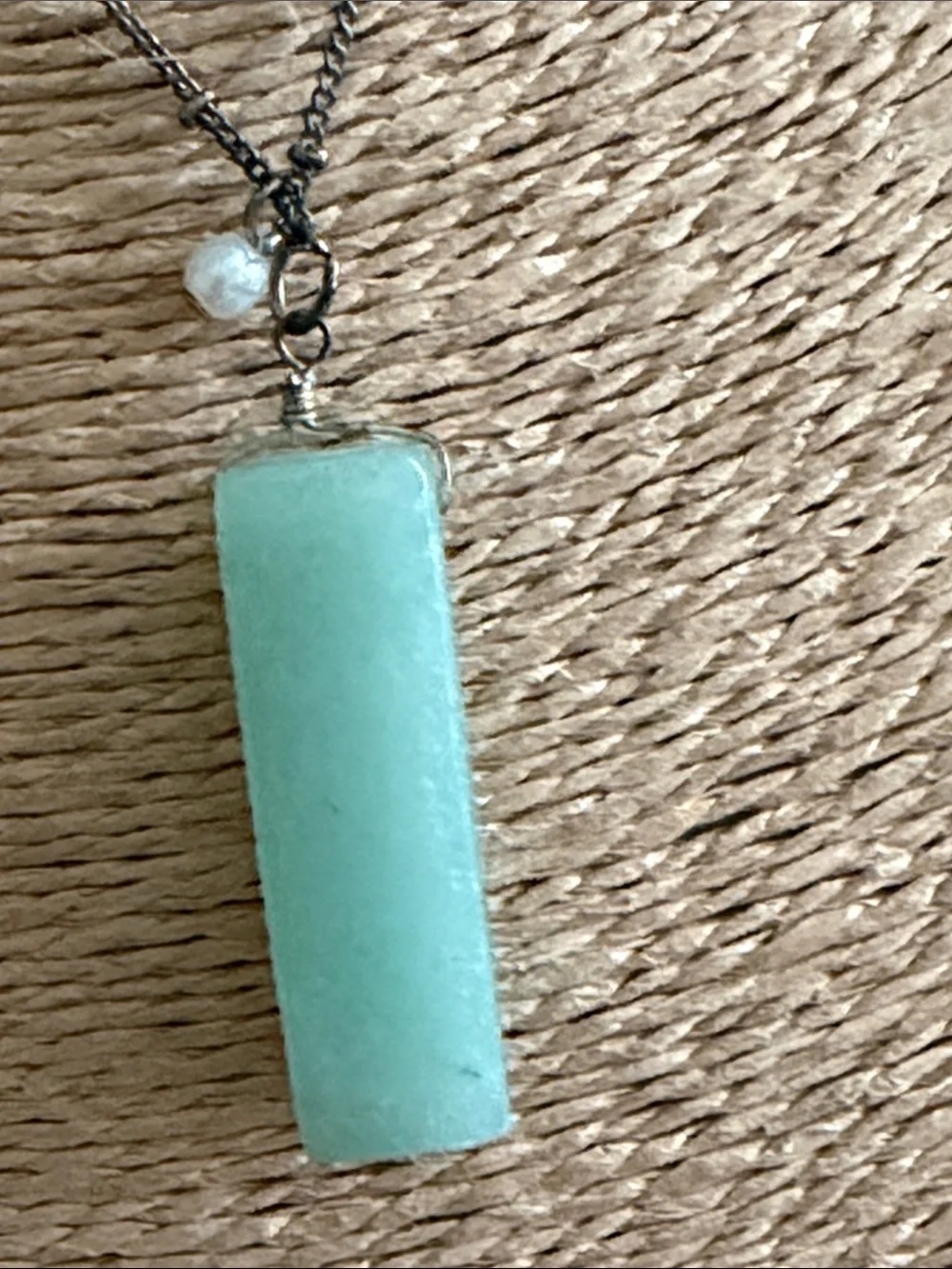 Long sterling silver darkened chain with tiny silver balls green semi precious